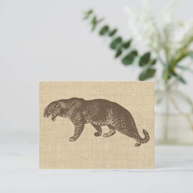 Vintage Leopard-Illustration auf Burlap Postkarte (Stehend Vorderseite)