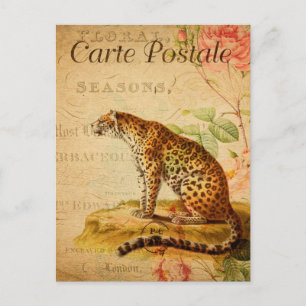 Vintage Leopard Jaguar Wildtier Floral Französisch Postkarte
