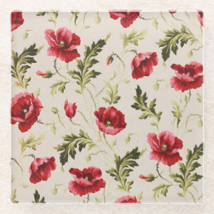 Vintage leuchtend rote Mohnblumen-Blumenmuster Glasuntersetzer