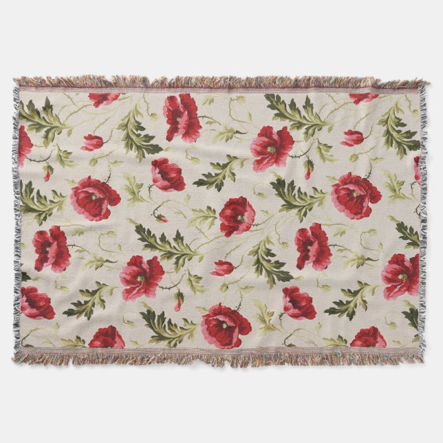 Vintage leuchtend rotes Mohnblumenmuster  Decke (Vorderseite)