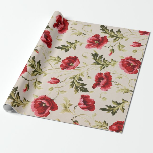 Vintage leuchtend rotes Mohnblumenmuster  Geschenkpapier (Ungerollt)