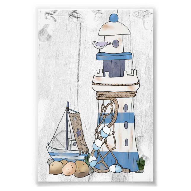 Vintage Leuchtturm mit schiff  Fotodruck (Vorne)