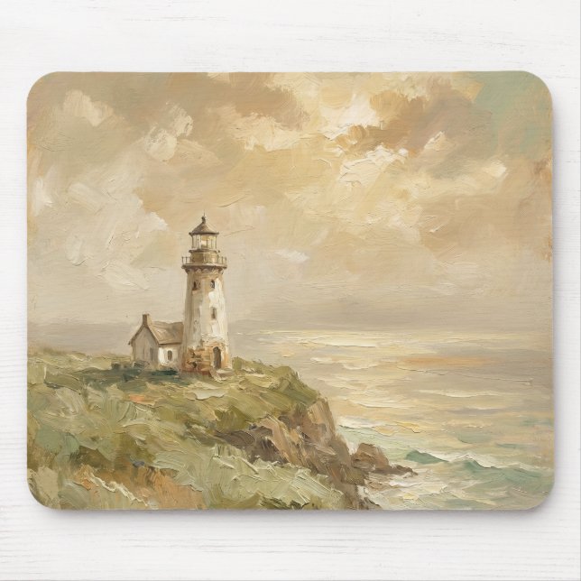 Vintage Leuchtturm-Ölgemälde-Mauspad im Küstenstil Mousepad (Vorne)