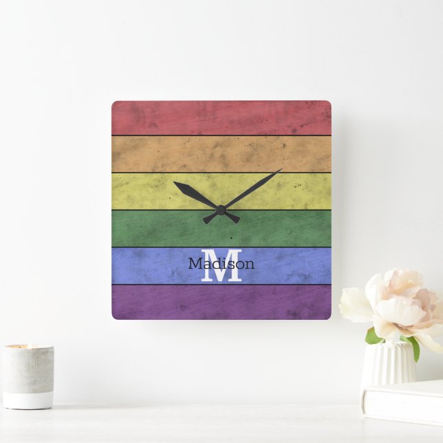 Vintage LGBT-Flagge Stolz gestresste Regenbogenmon Quadratische Wanduhr (Zuhause)