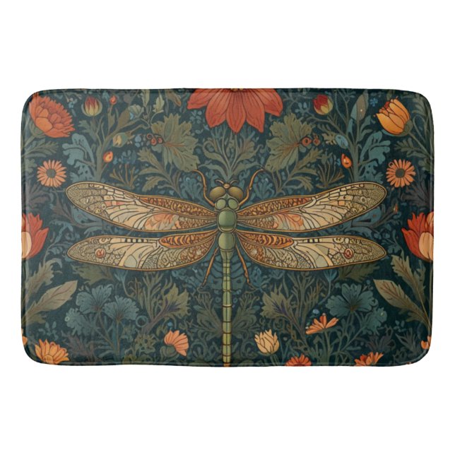 Vintage Libelle Orangenblumengrün boho chic Badematte (Vorderseite)