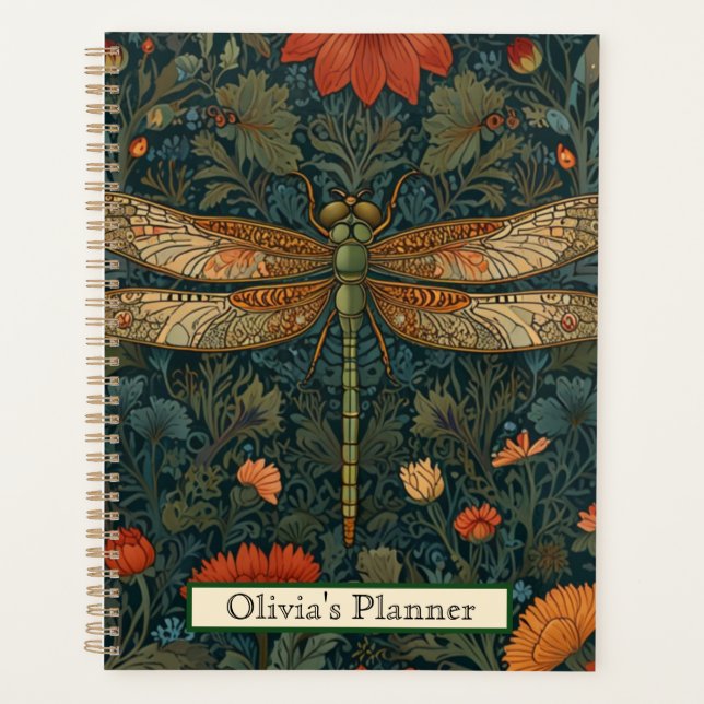 Vintage Libelle Orangenblumengrün boho chic Planer (Vorderseite)