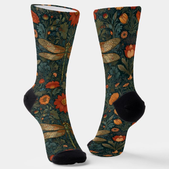 Vintage Libelle Orangenblumengrün boho chic Socken (Gewinkelt)