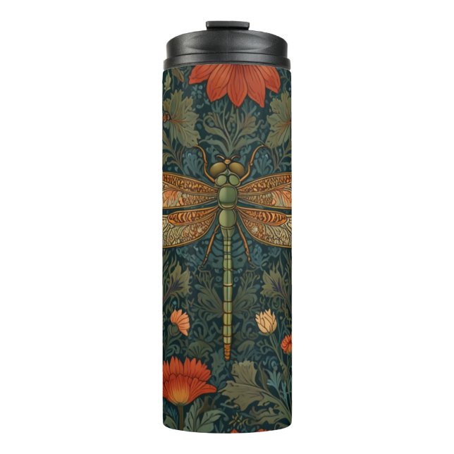 Vintage Libelle Orangenblumengrün boho chic Thermosbecher (Vorderseite)