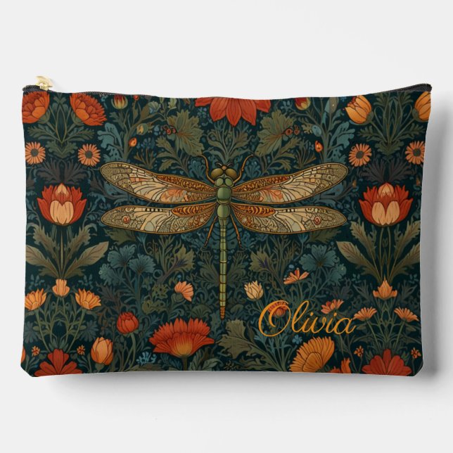 Vintage Libelle Orangenblumengrün boho chic Zubehörtasche (Vorderseite)