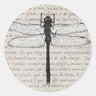 Vintage Libelle und antike Text-Collage Runder Aufkleber