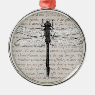 Vintage Libelle und antike Text-Collage Silbernes Ornament