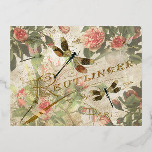 Vintage Libelle und Rosen Folien Feiertagspostkarte