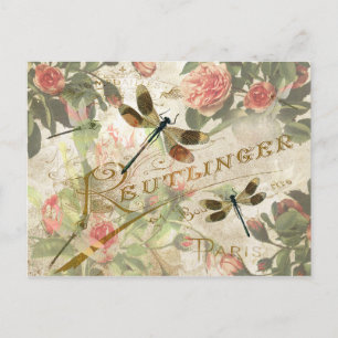 Vintage Libelle und Rosen Postkarte