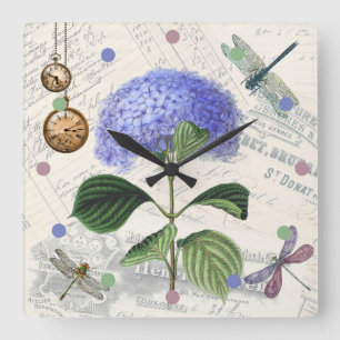 Vintage Libellen Floral Shabby Chic Rustikal Chic Quadratische Wanduhr
