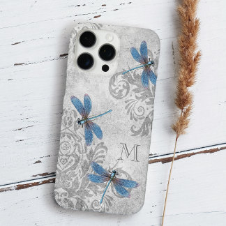Vintage Libellen Grunge Damast mit Monogramm iPhone 16 Pro Max Hülle