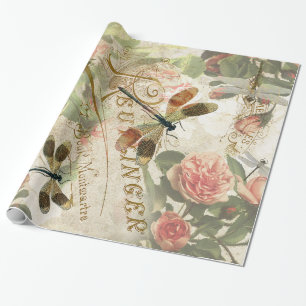 Vintage Libellen und Rosen Decoupage Geschenkpapier