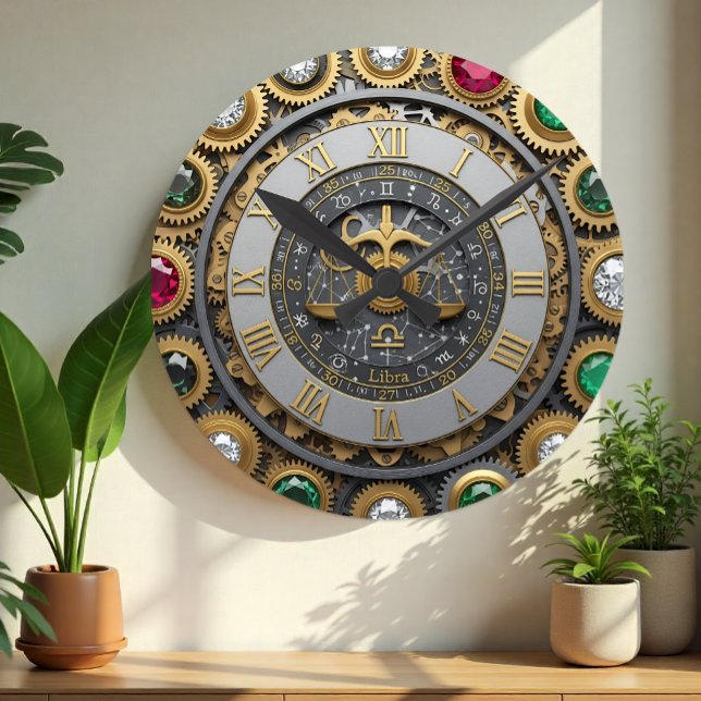 Vintage Libra-Uhr, Astrologie, Zodiac, Edelsteine, Runde Wanduhr (Libra Clock, Jeweled, Zodiac Sign / Astrology)