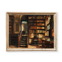 Vintage Library Oil Painting, Moody Interior Scene