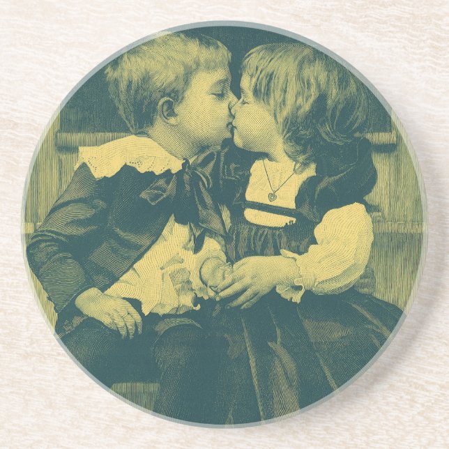 Vintage Liebe und romanisches Foto, Kinder Kiss Getränkeuntersetzer (Vorne)