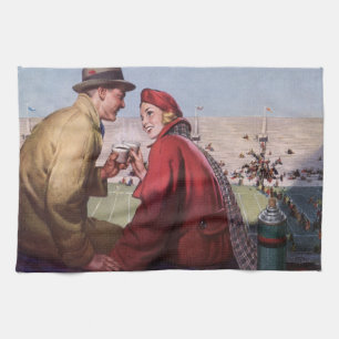 Vintage Liebe und Romantik, Paar beim Footballspie Geschirrtuch