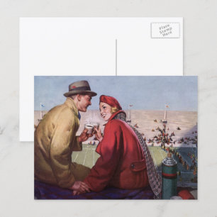 Vintage Liebe und Romantik, Paar beim Footballspie Postkarte