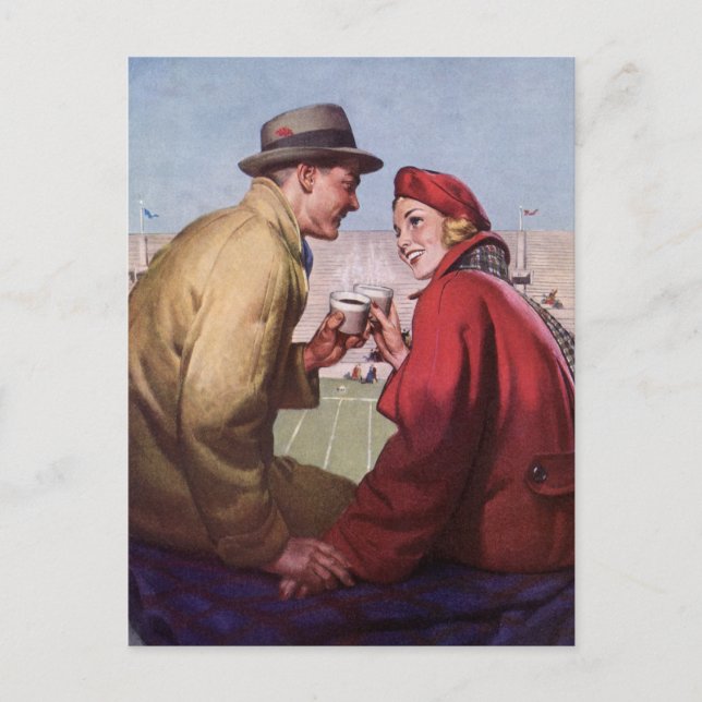Vintage Liebe und Romantik, Paar beim Fußballspiel Postkarte (Vorderseite)