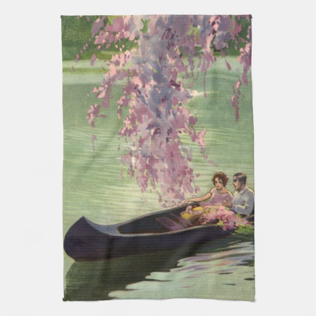Vintage Liebe und Romantik, romantische Kanufahrt Geschirrtuch (Vertikal)