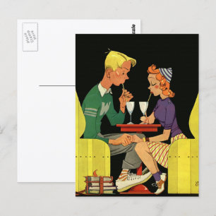 Vintage Liebe und Romantik, Teenager im Soda-Shop Postkarte
