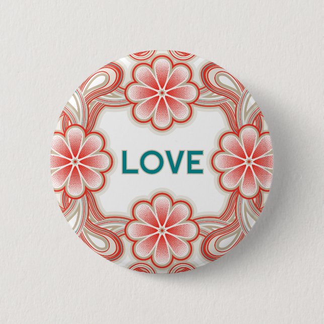 Vintage-Liebesknopf mit roten Blumen Button (Vorderseite)