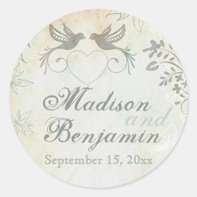 Vintage Liebesvögel Gastgeschenk Hochzeit Stickers (Vorderseite)