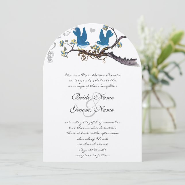 Vintage Liebesvögel Gelb & Aquamarine Hochzeit Ein Einladung (Stehend Vorderseite)