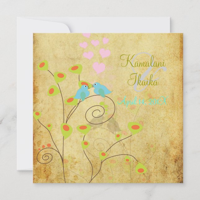 Vintage Liebesvögel, Imitate Pergament Hintergrund Einladung (Vorderseite)
