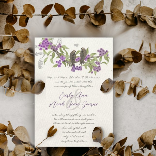 Vintage Liebesvögel Lila Blütenhochzeit Einladung (Von Creator hochgeladen)
