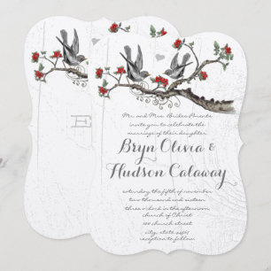 Vintage Liebesvögel sitzen in einem Baumrot-Blüten Einladung