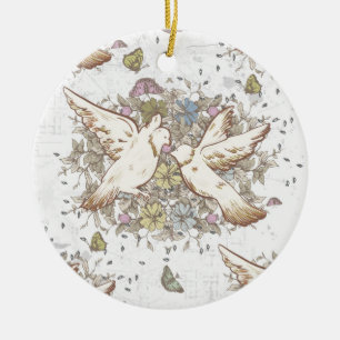 Vintage Liebesvögel, zwei weiße Tauben floral Keramik Ornament