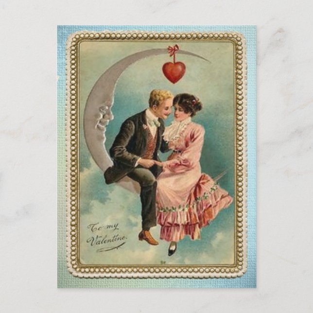 Vintage Liebhaber am Mondvalentinstag Postkarte (Vorderseite)
