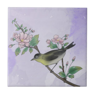 Vintage lila Blumen & Vögel Naturalist Malerei Fliese