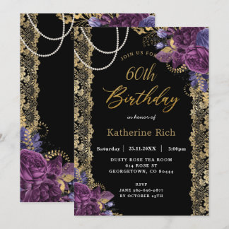 Vintage Lila Blumenantik Gold Spitzen Geburtstag I Einladung