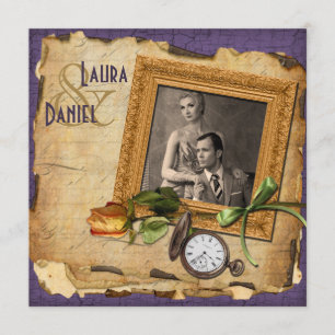 Vintage lila Goldrahmen-Foto-Hochzeit laden ein Einladung