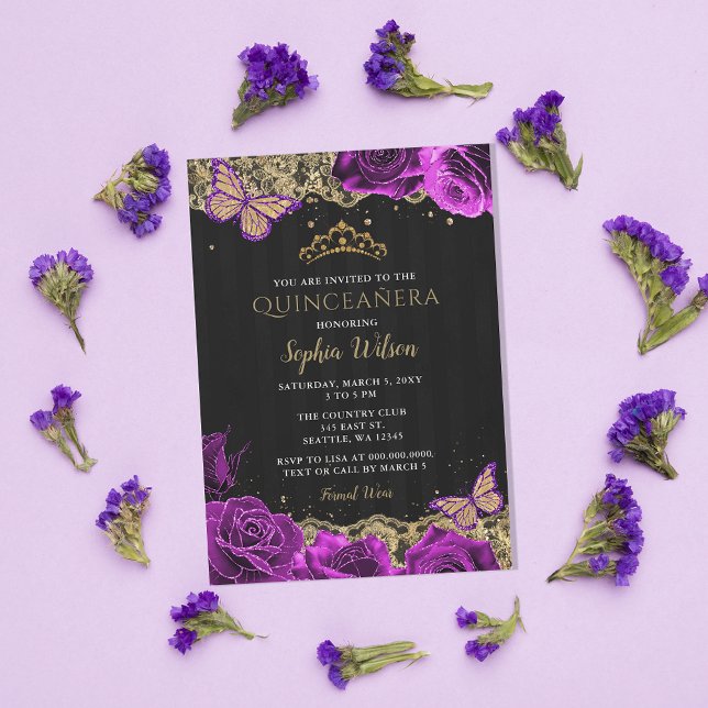 Vintage Lila Rose Black Gold Lace Quinceañera Einladung (Purple Quincenaera Invitations )