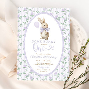Vintage Lila Rose Bunny Rabbit 1. Geburtstagskarte Einladung