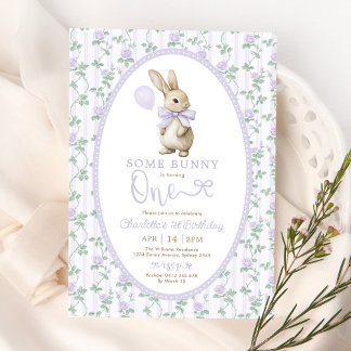 Vintage Lila Rose Bunny Rabbit 1. Geburtstagskarte Einladung