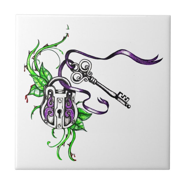 Vintage lila Schloss- und Schlüsselkonstruktion Fliese (Vorderseite)