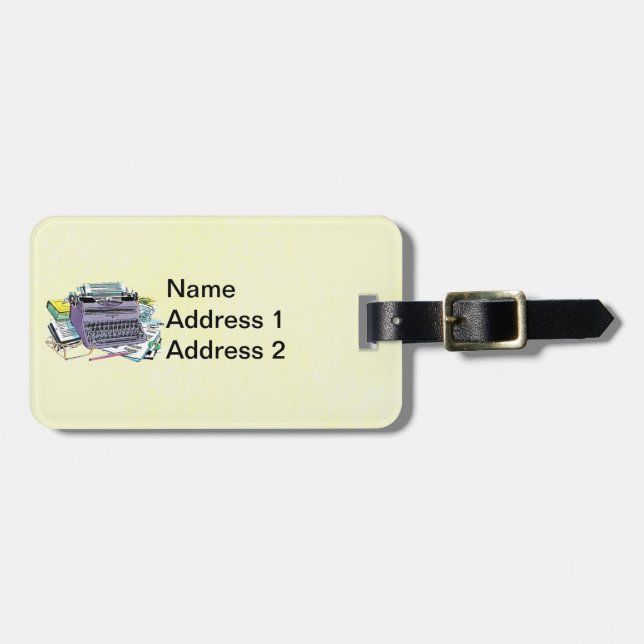 Vintage Lila Schreibmaschinenpapierstifte auf Gelb Gepäckanhänger (Vorderseite horizontal)