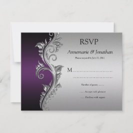 Vintage Lila Schwarz- und Silberfarben Verzierte W RSVP Karte