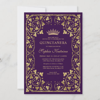 Vintage Lila Violett-Goldrahmen Tiara Quinceanera Einladung