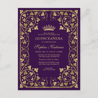 Vintage Lila Violett-Goldrahmen Tiara Quinceanera Einladungspostkarte
