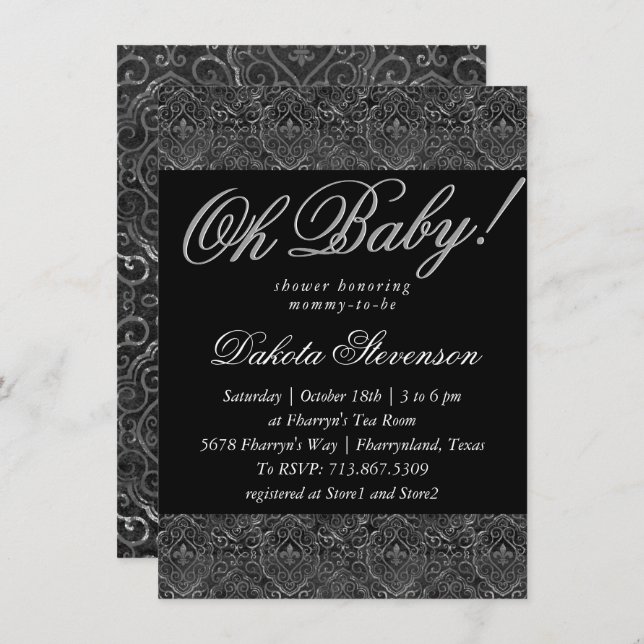 Vintage Lilie | Black Damask Oh Babydusche Einladung (Vorne/Hinten)