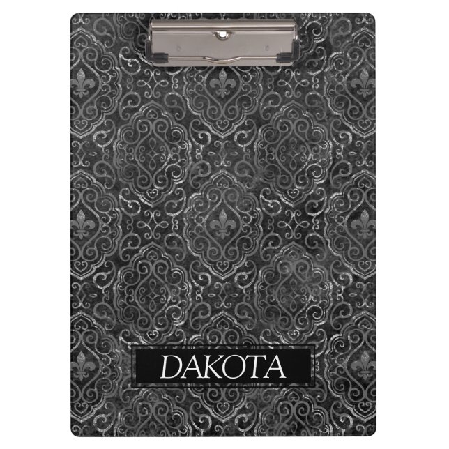Vintage Lilie | Black Grunge Damask Custom Klemmbrett (Vorderseite)