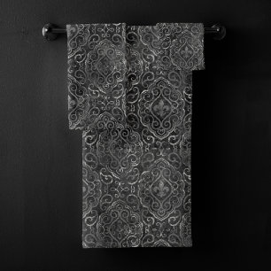 Vintage Lilie Black Silver Grunge Damask Badhandtuch Set
